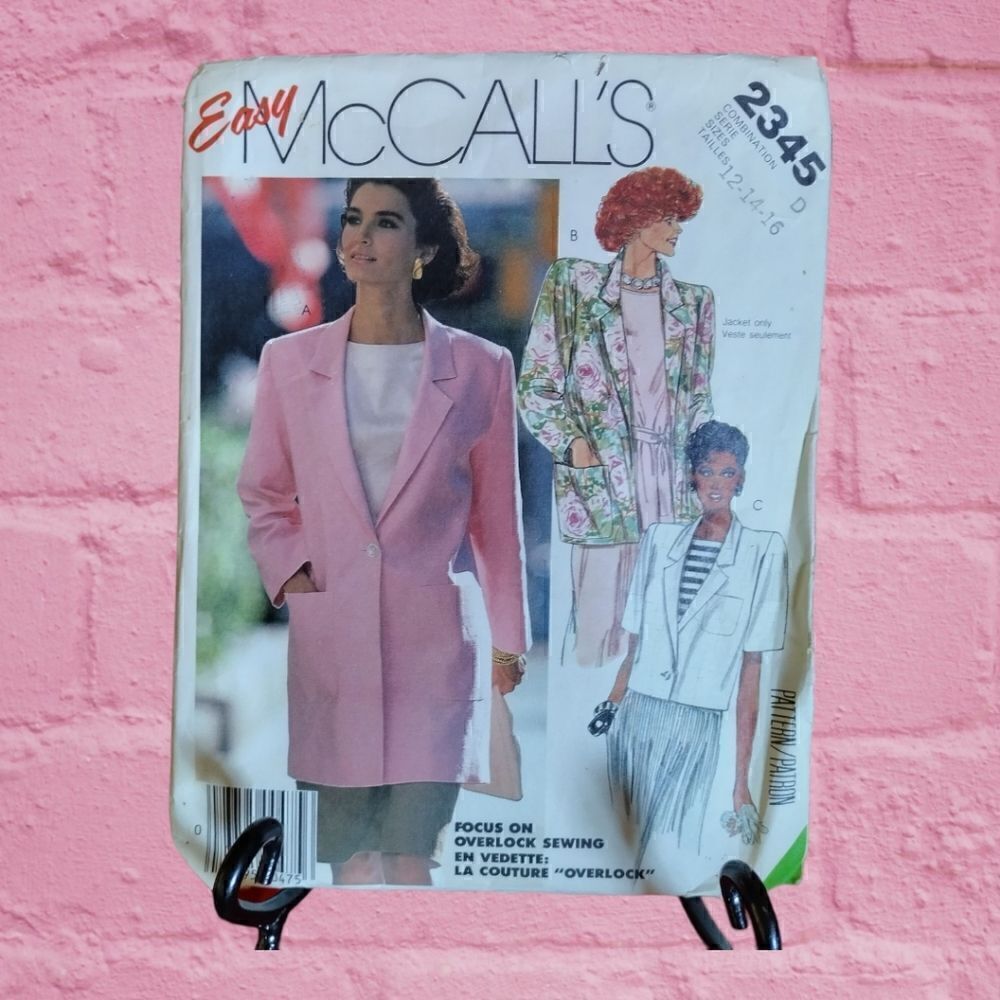 1986 MCCALL'S Easy Sew PATTERN #2345 Misses Unlined Jacket SIZE (12 -16) Uncut